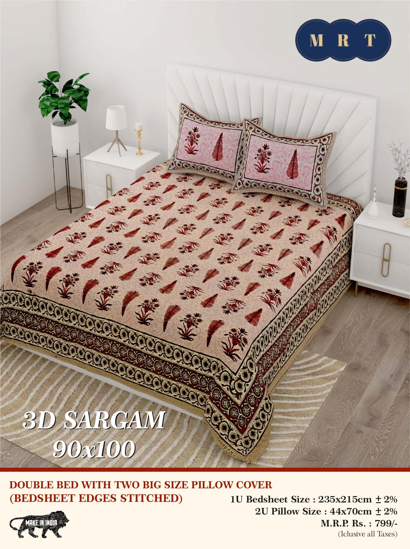 3D Sargam Queen Double Bed Bedsheet with 2 Pillow Covers (