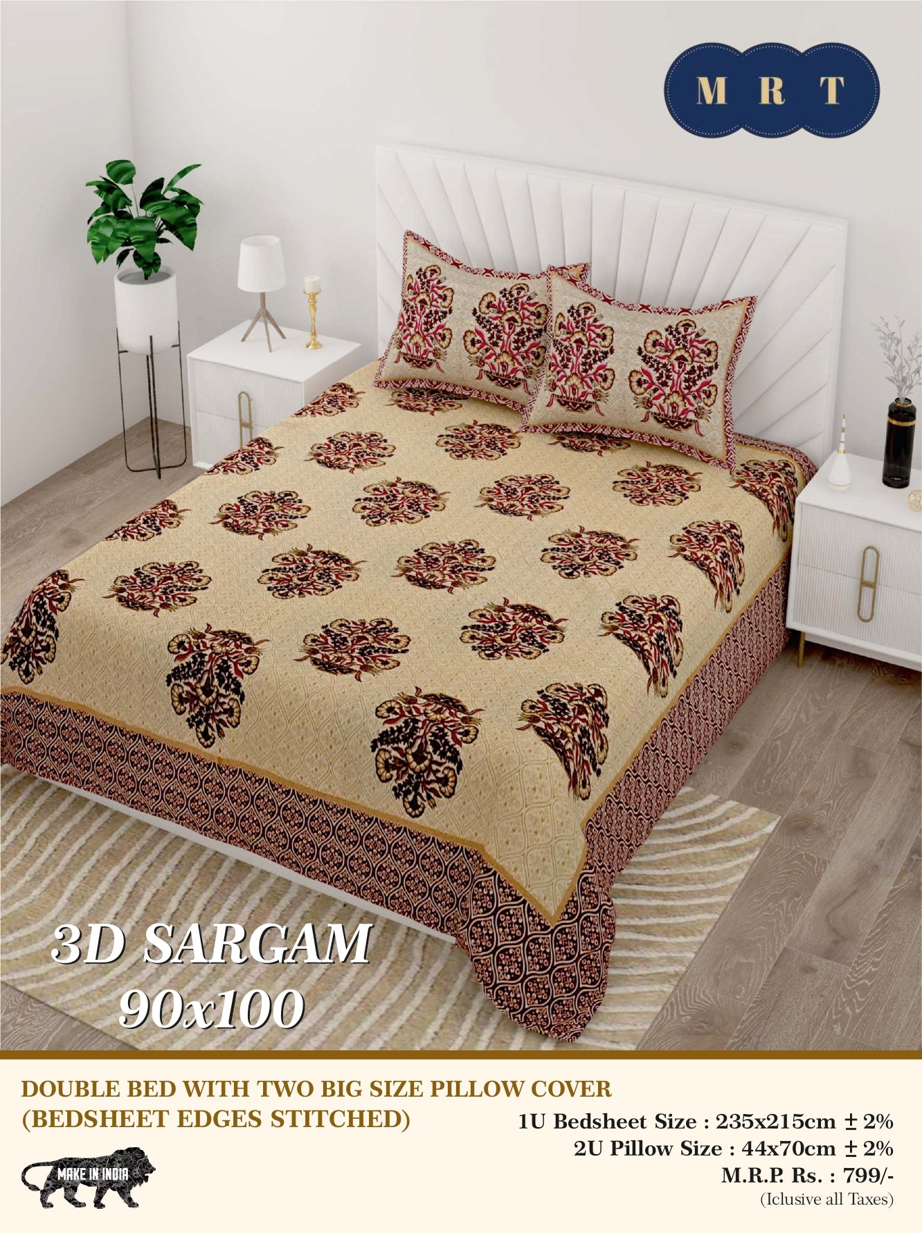 3D Sargam Queen Double Bed Bedsheet with 2 Pillow Covers (