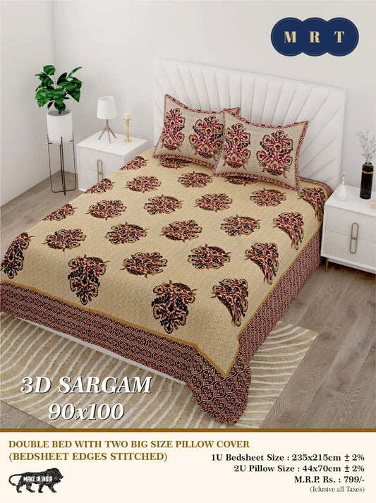 3D Sargam Queen Double Bed Bedsheet with 2 Pillow Covers (