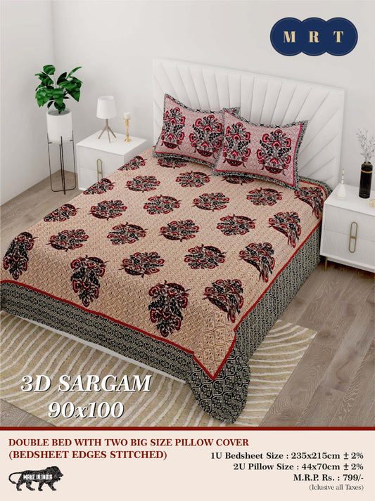 3D Sargam Queen Double Bed Bedsheet with 2 Pillow Covers (