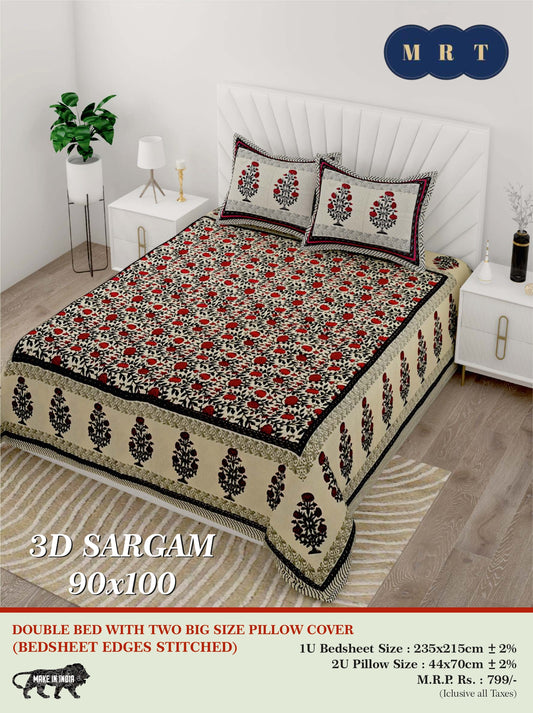 3D Sargam Queen Double Bed Bedsheet with 2 Pillow Covers (