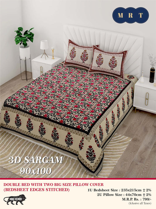 3D Sargam Queen Double Bed Bedsheet with 2 Pillow Covers (