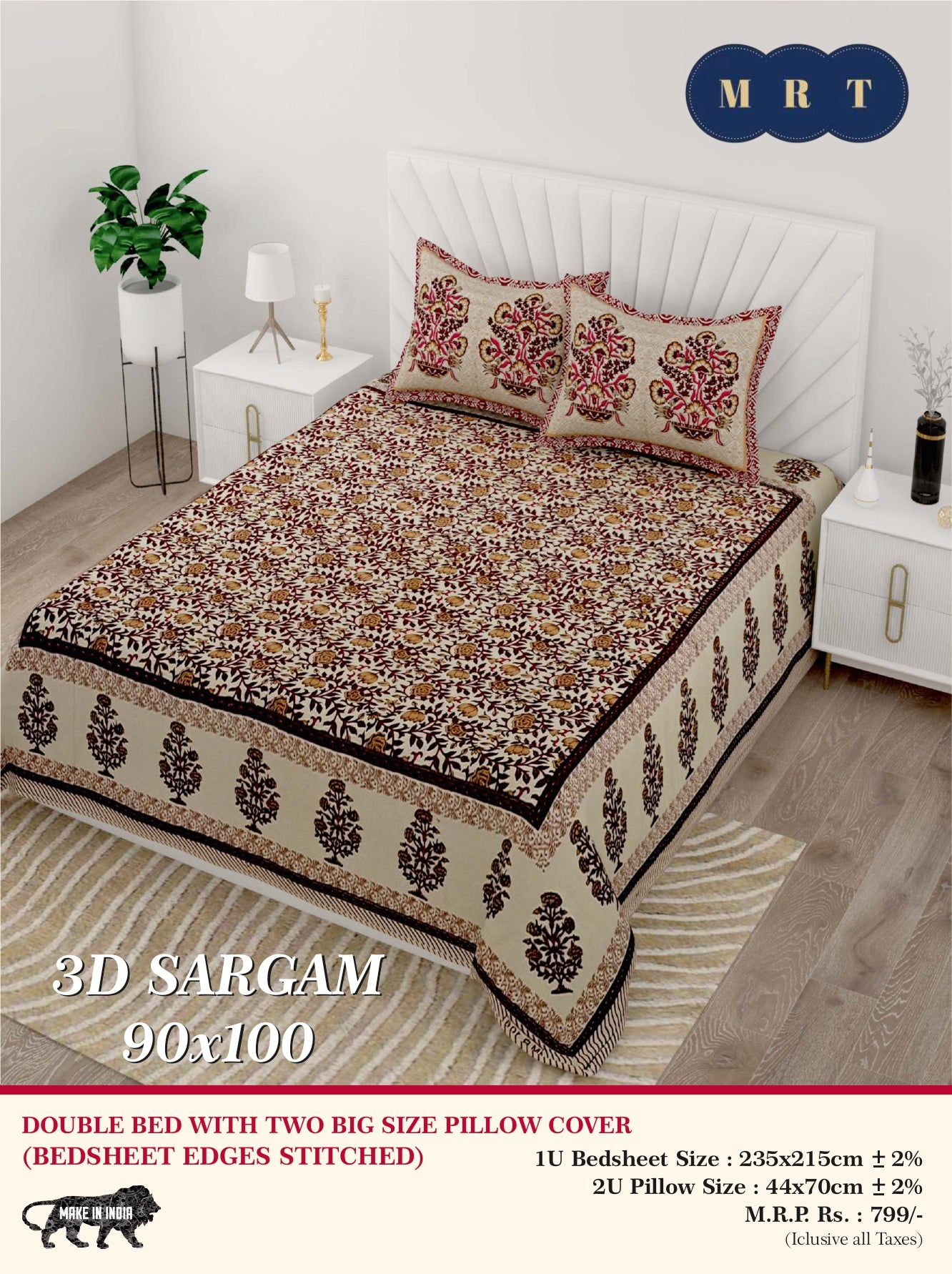 3D Sargam Queen Double Bed Bedsheet with 2 Pillow Covers (