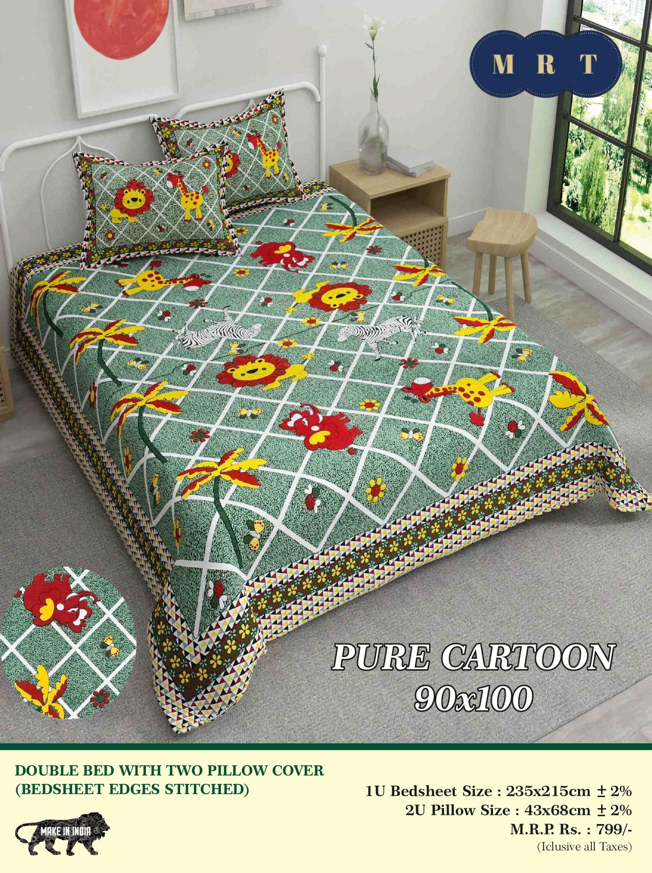 Pure Cartoon Printed Double queen Bedsheet Set  – Includes 2 Pillow Covers | MRT