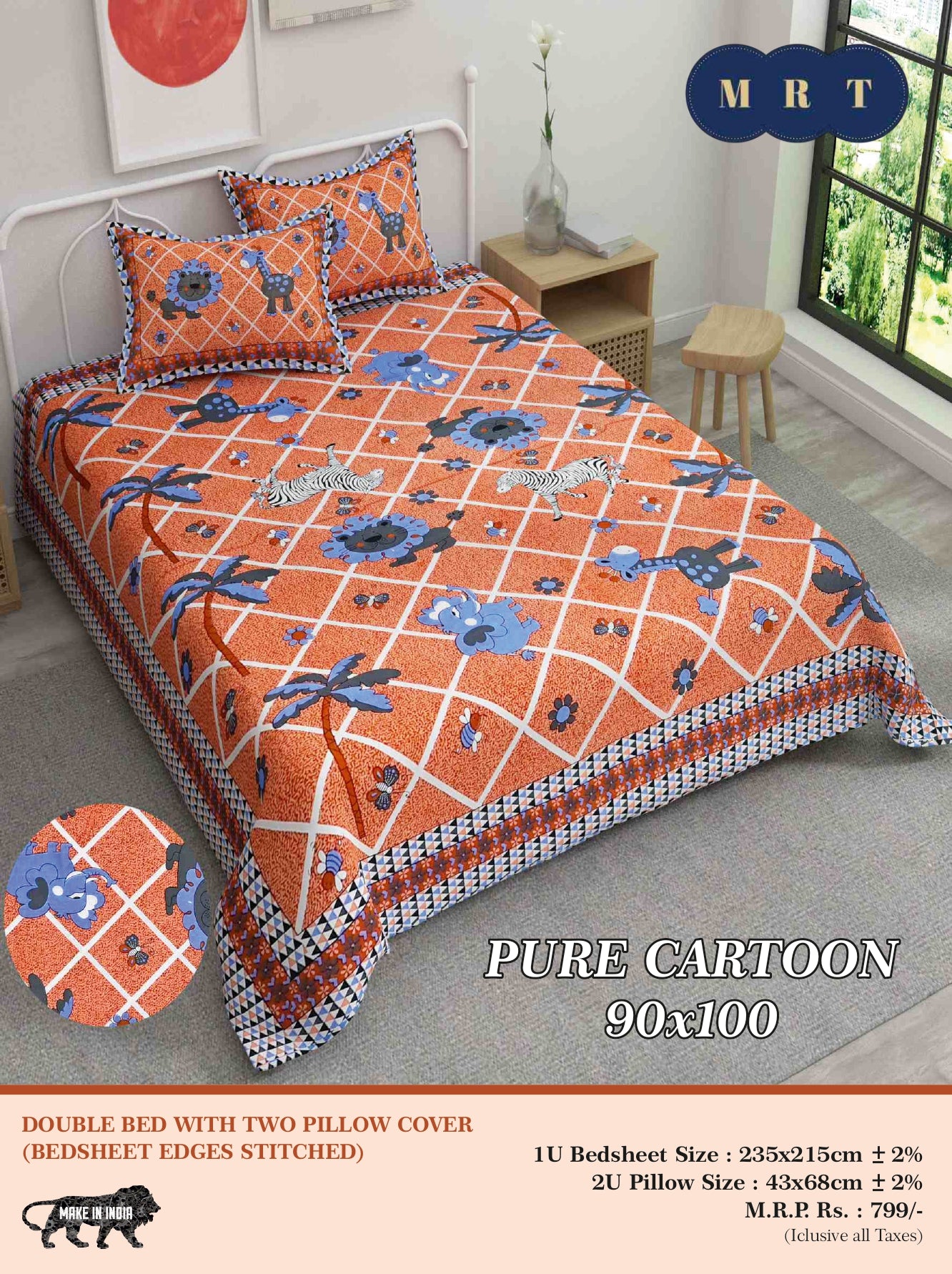 Pure Cartoon Printed Double queen Bedsheet Set  – Includes 2 Pillow Covers | MRT