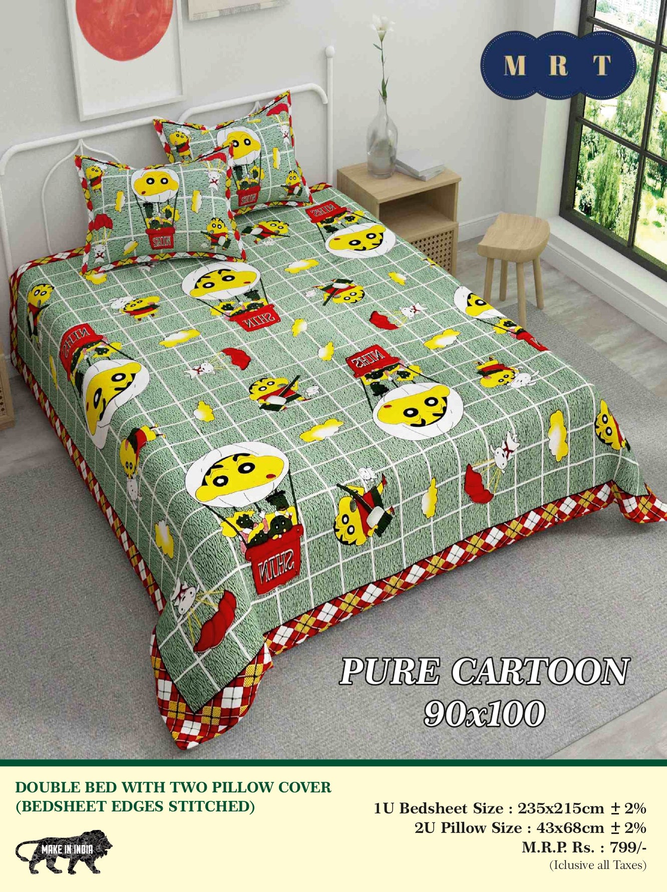 Pure Cartoon Printed Double queen Bedsheet Set  – Includes 2 Pillow Covers | MRT