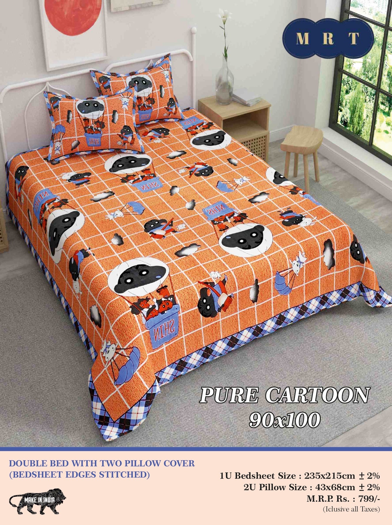 Pure Cartoon Printed Double Bedsheet Set (90x100) – Includes 2 Pillow Covers | MRT