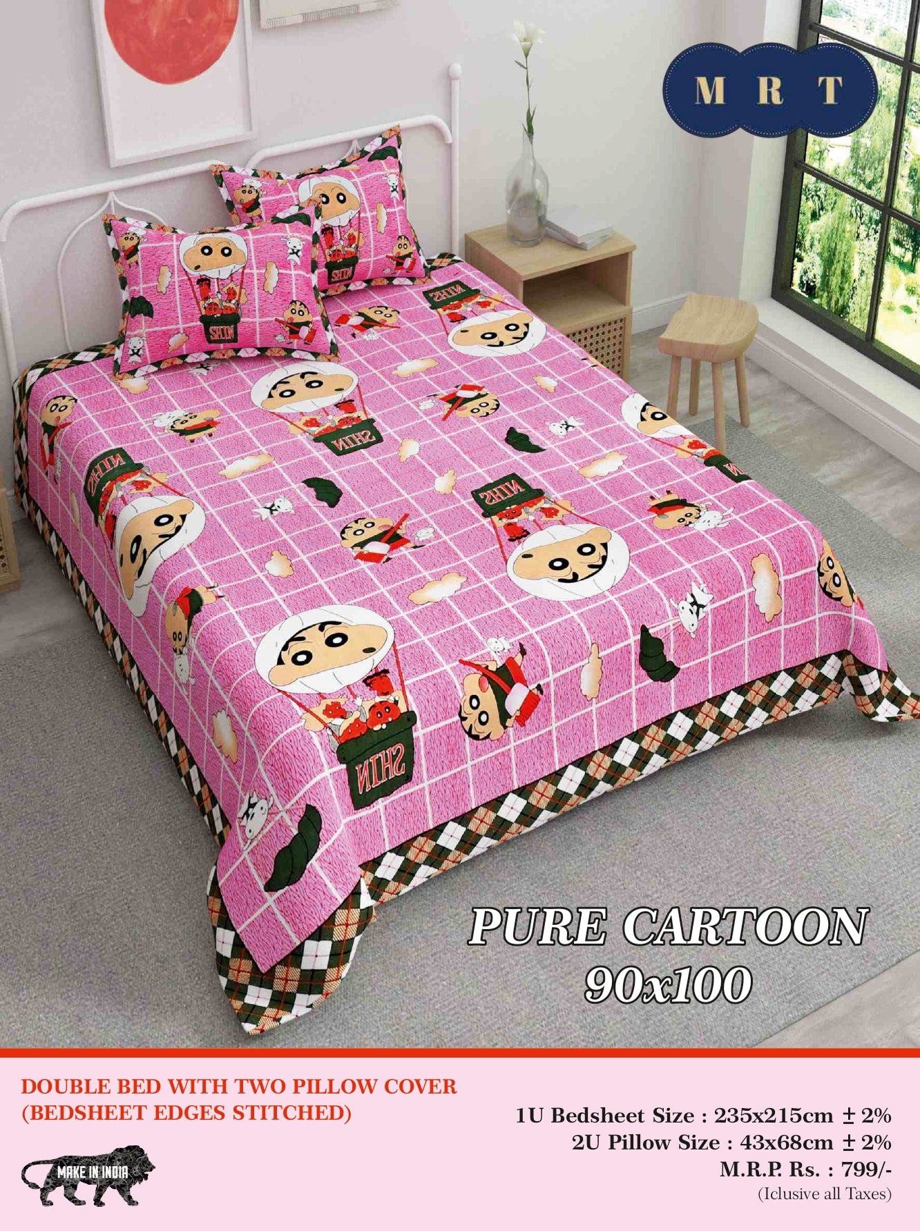 Pure Cartoon Printed Double queen Bedsheet Set  – Includes 2 Pillow Covers | MRT