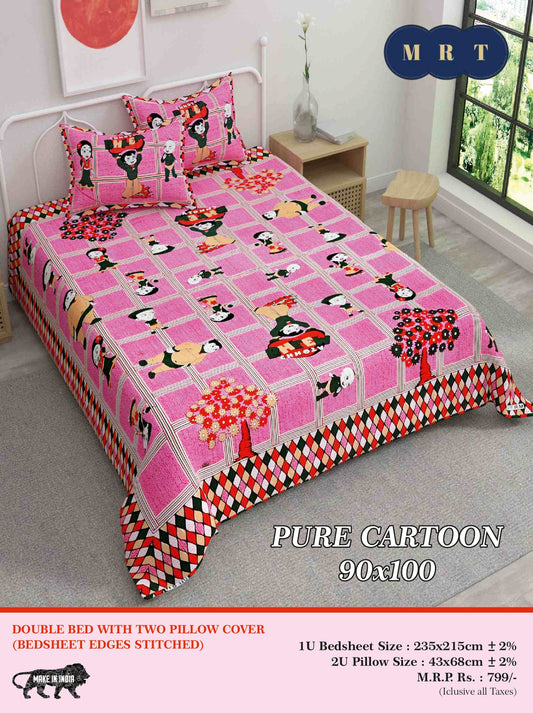 Pure Cartoon Printed Double queen Bedsheet Set – Includes 2 Pillow Covers | MRT