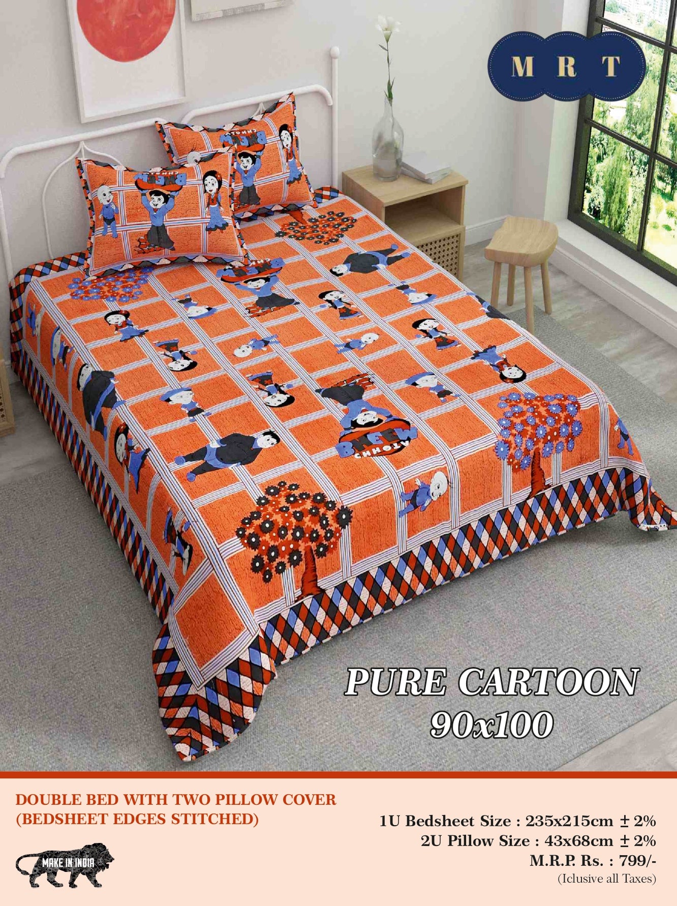 Pure Cartoon Printed Double  queen Bedsheet Set– Includes 2 Pillow Covers | MRT