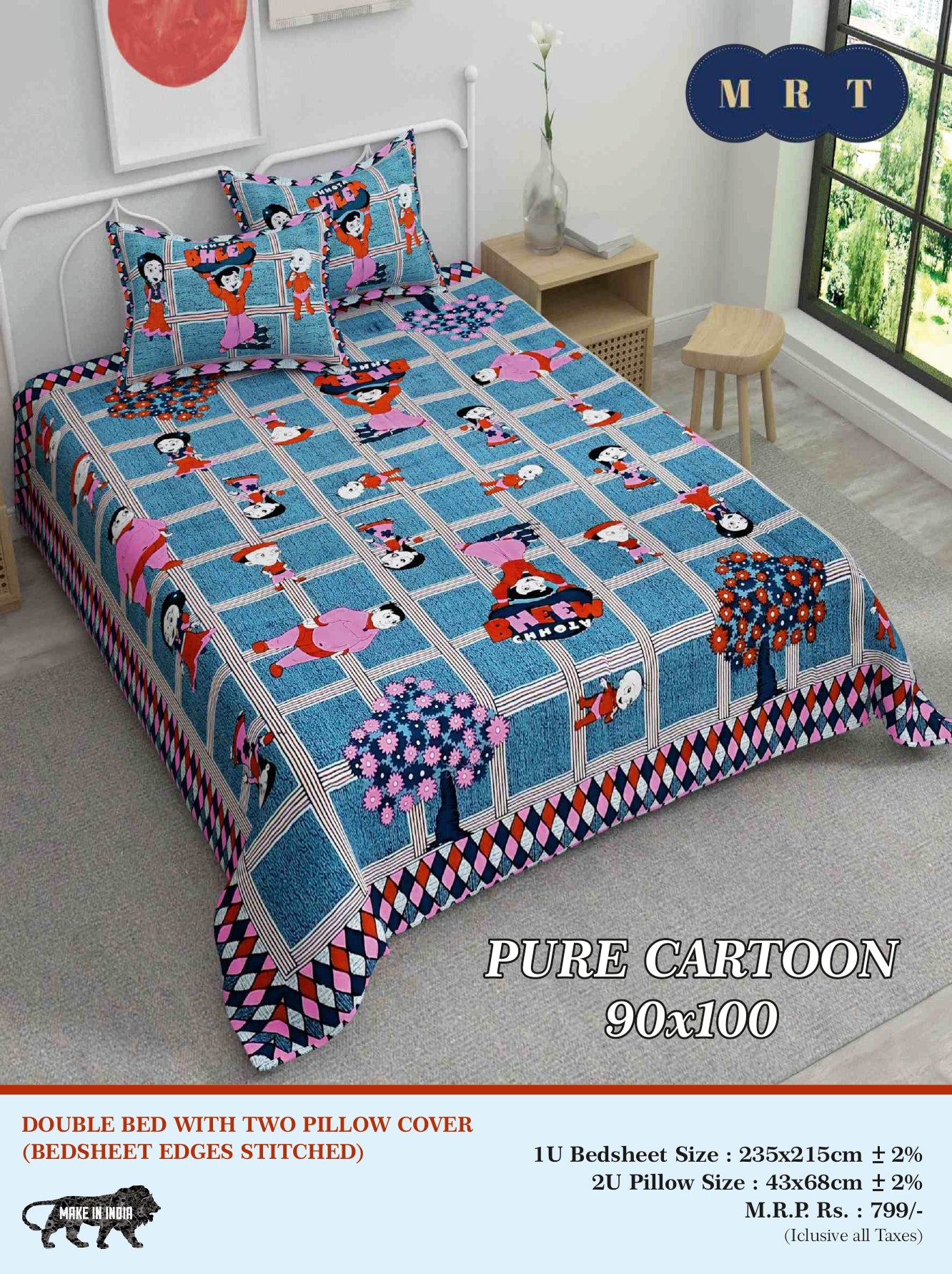 Pure Cartoon Printed Double queen Bedsheet Set  – Includes 2 Pillow Covers | MRT