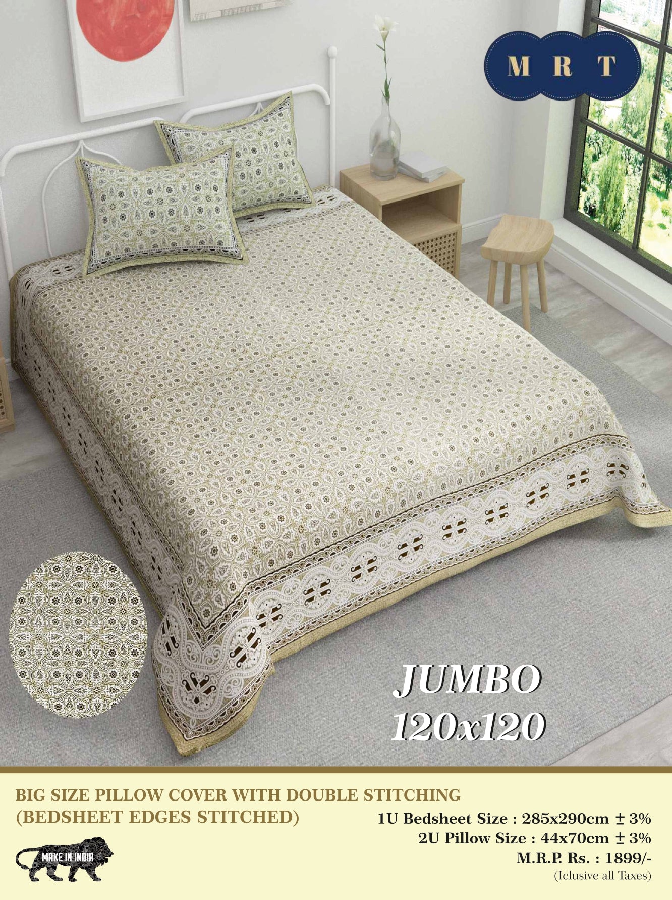 Jumbo Double Bedsheet with 2 pillow covers -120x120