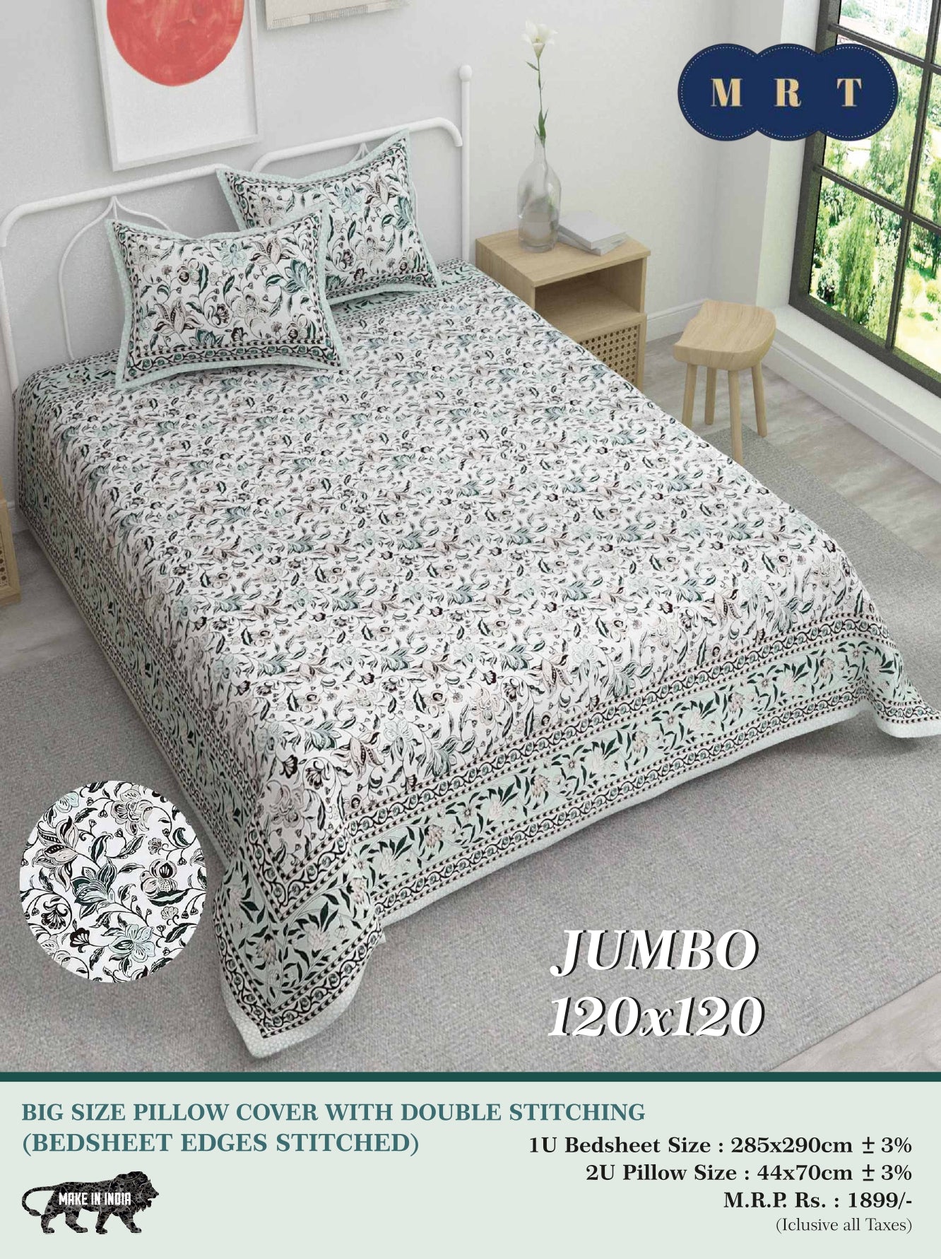 Jumbo Double Bedsheet with 2 pillow covers -120x120