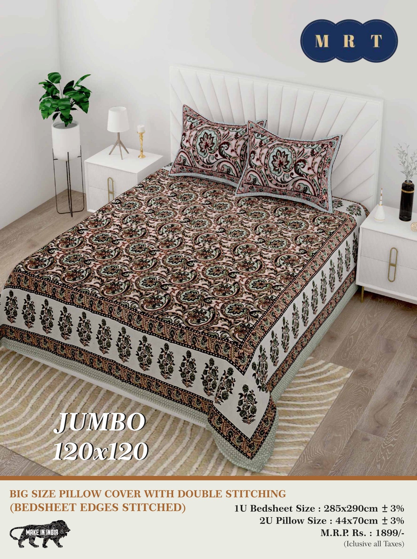 Jumbo Double Bedsheet with 2 pillow covers -120x120