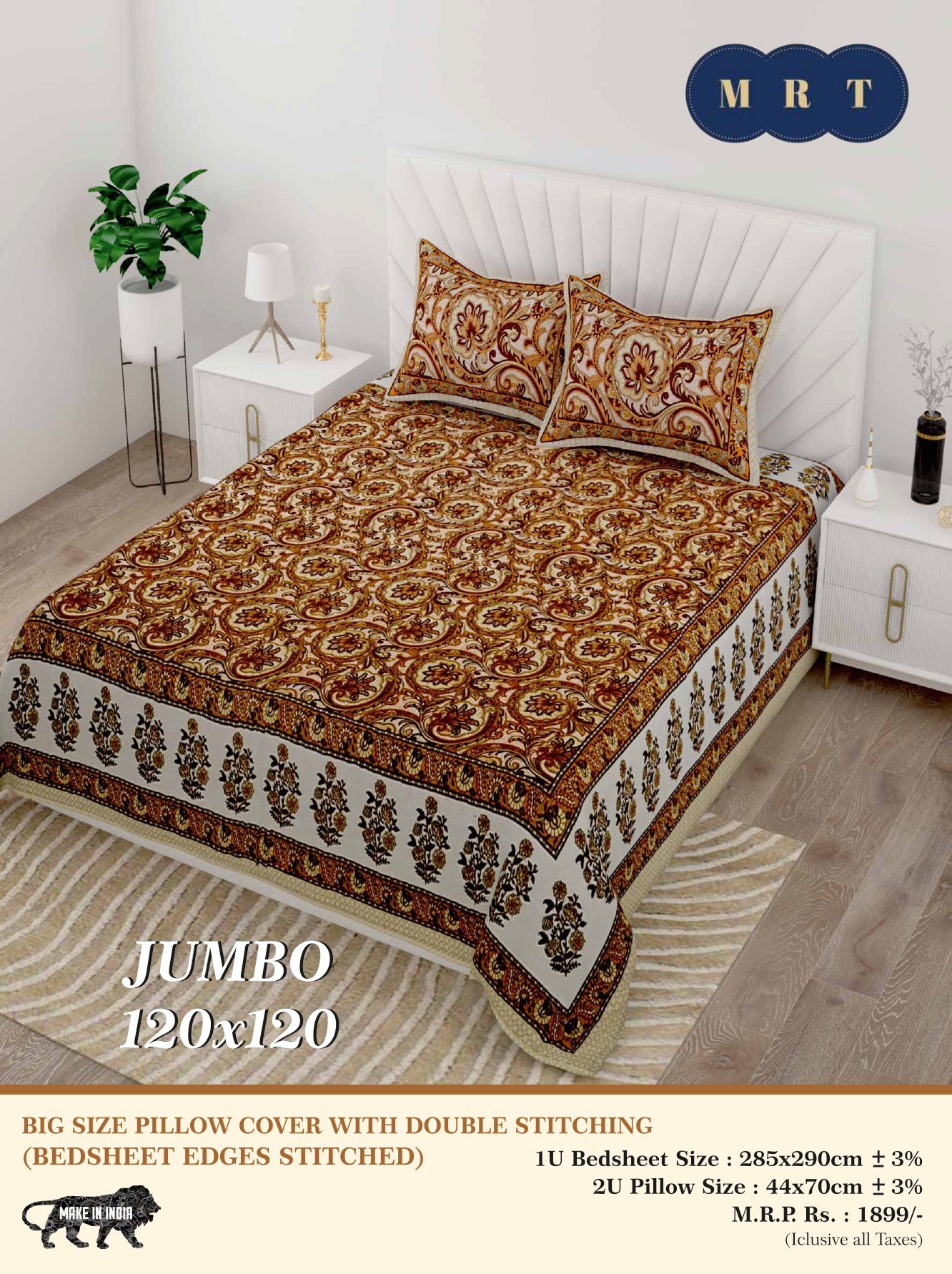 Jumbo Double Bedsheet with 2 pillow covers -120x120