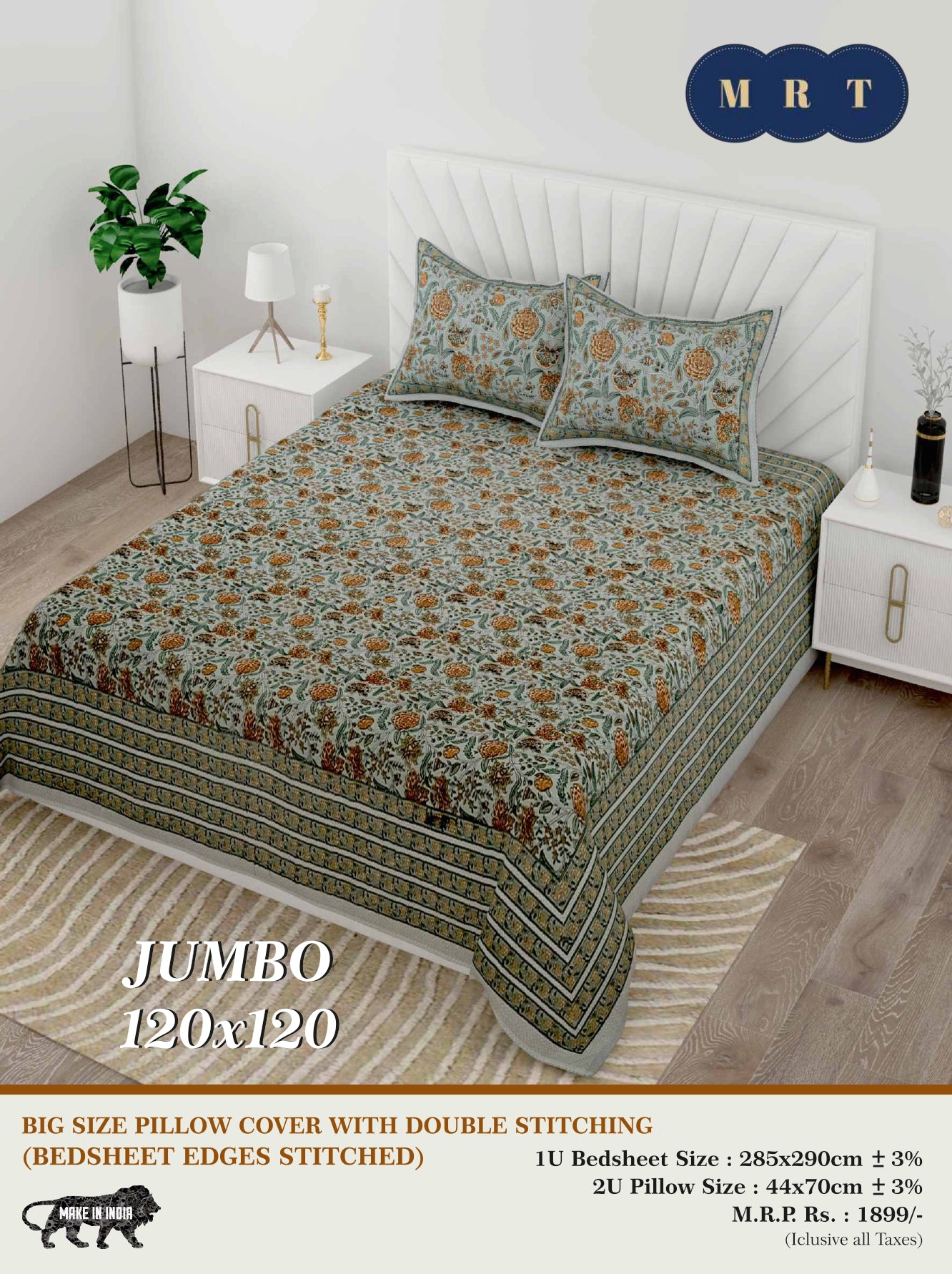 Jumbo Double Bedsheet with 2 pillow covers -120x120