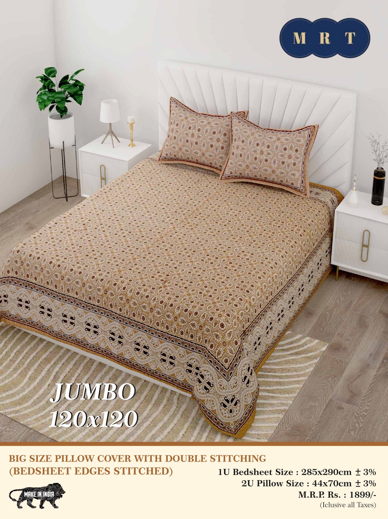 Jumbo Double Bedsheet with 2 pillow covers -120x120