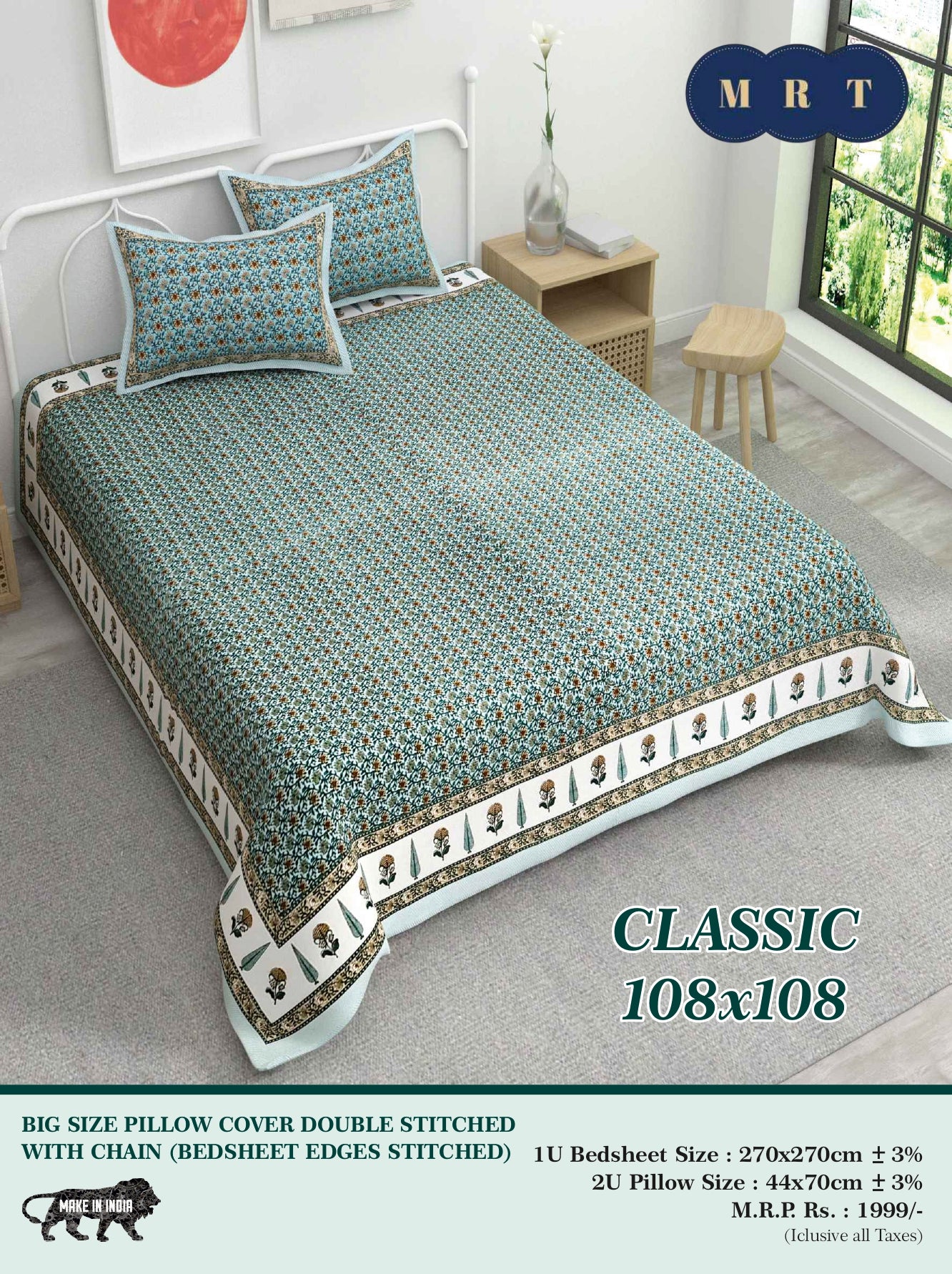 Classic 108x108 Premium Double Bedsheet with 2 Pillow Covers