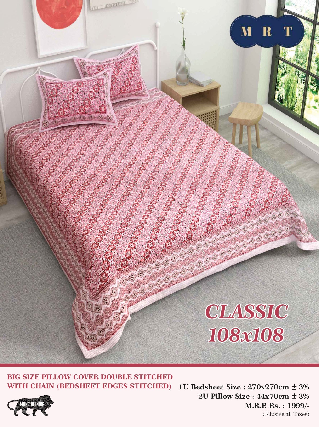 Classic 108x108 Premium Double Bedsheet with 2 Pillow Covers