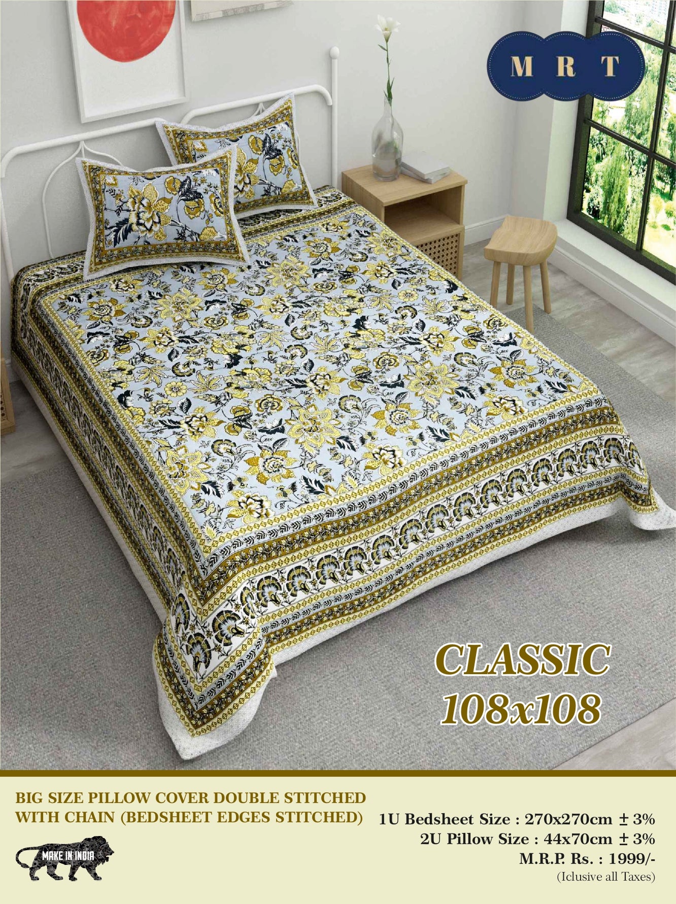 Classic 108x108 Premium Double Bedsheet with 2 Pillow Covers