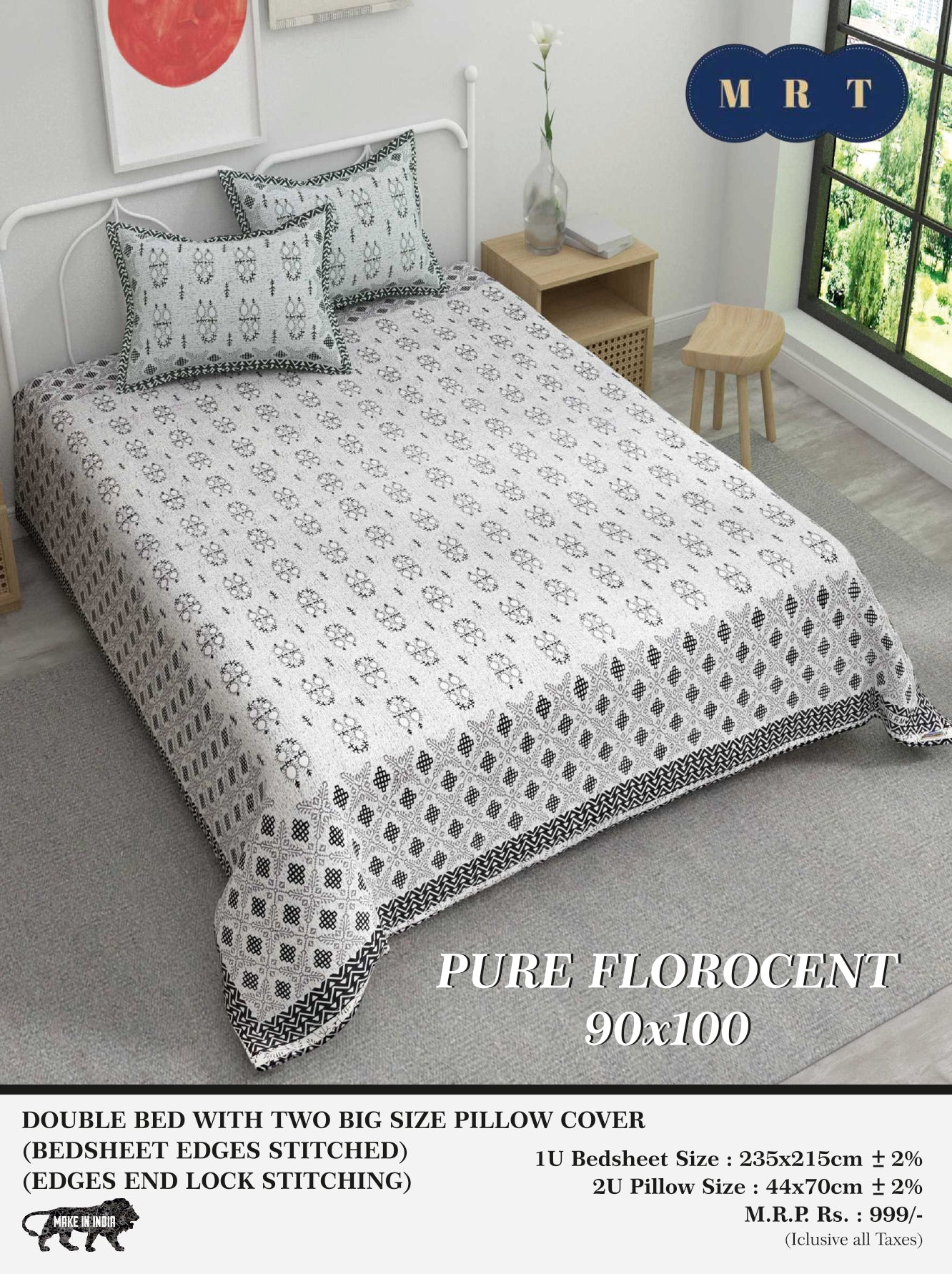 Pure florocent Queen size Double Bed Bedsheet with 2 Pillow Covers