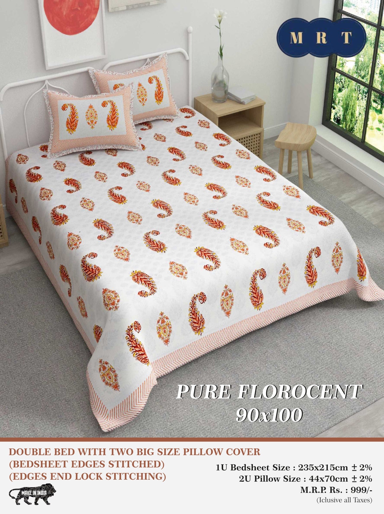 Pure florocent Queen size Double Bed Bedsheet with 2 Pillow Covers