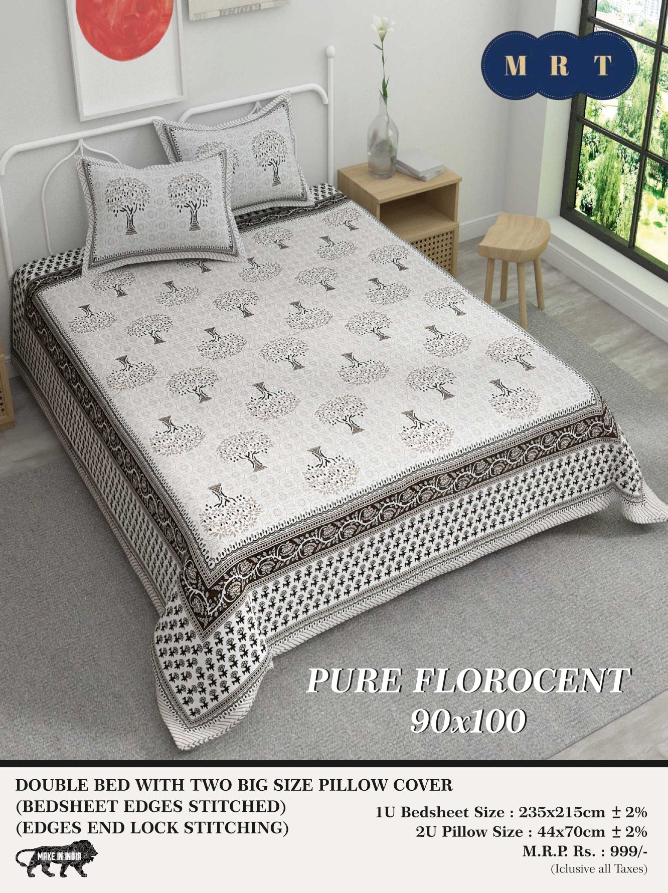 Pure florocent Queen size Double Bed Bedsheet with 2 Pillow Covers