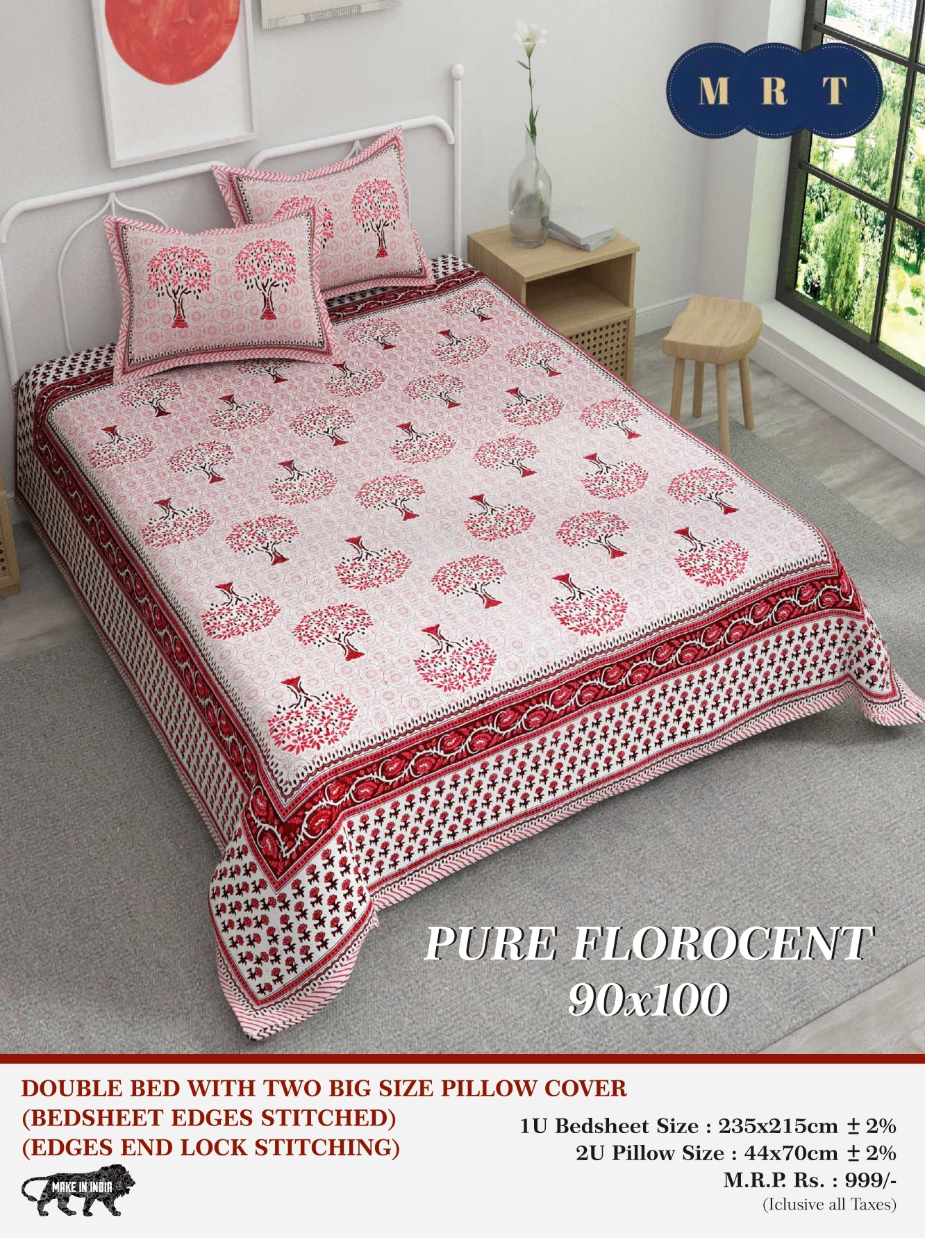 Pure florocent Queen size Double Bed Bedsheet with 2 Pillow Covers