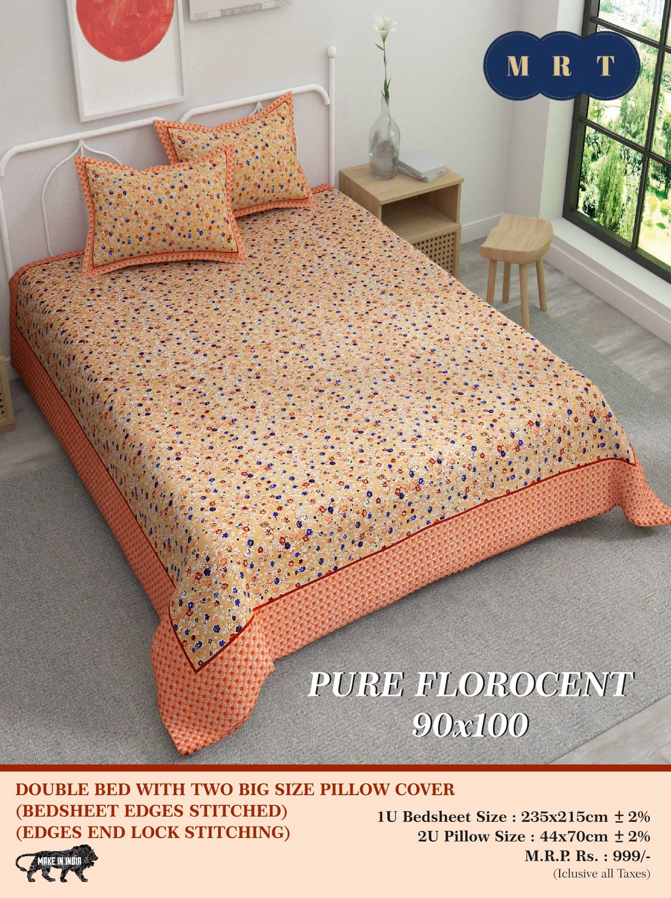 Pure florocent Queen size Double Bed Bedsheet with 2 Pillow Covers