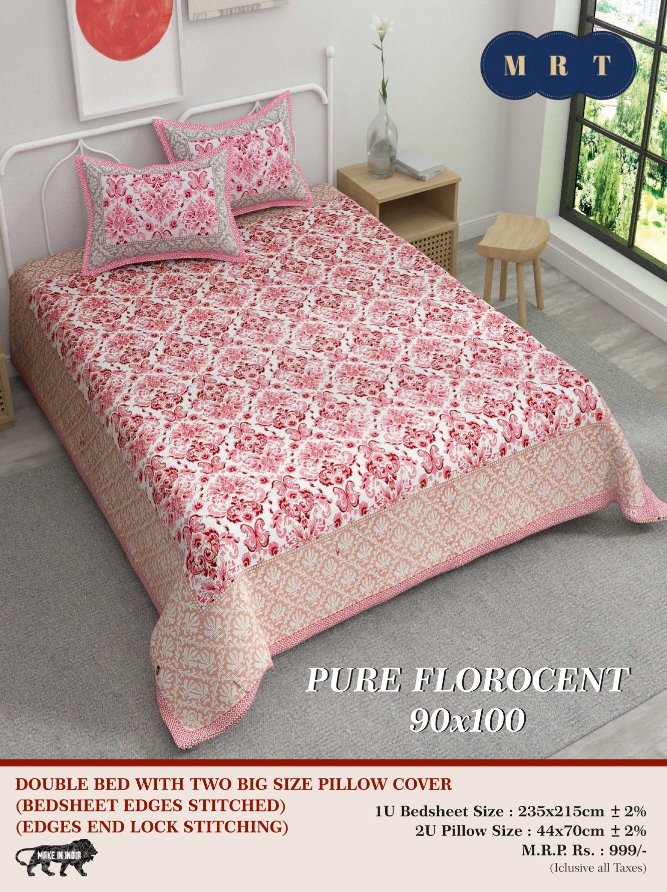 Pure florocent Queen size Double Bed Bedsheet with 2 Pillow Covers
