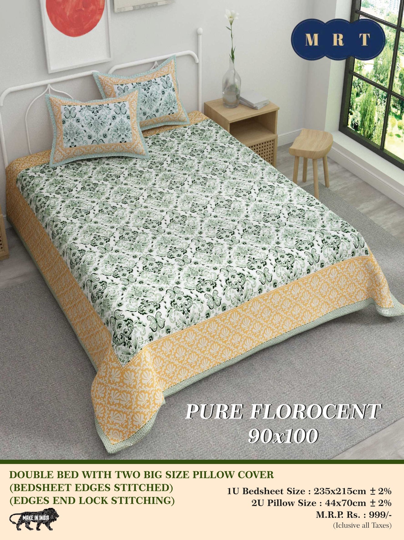 Pure florocent Queen size Double Bed Bedsheet with 2 Pillow Covers