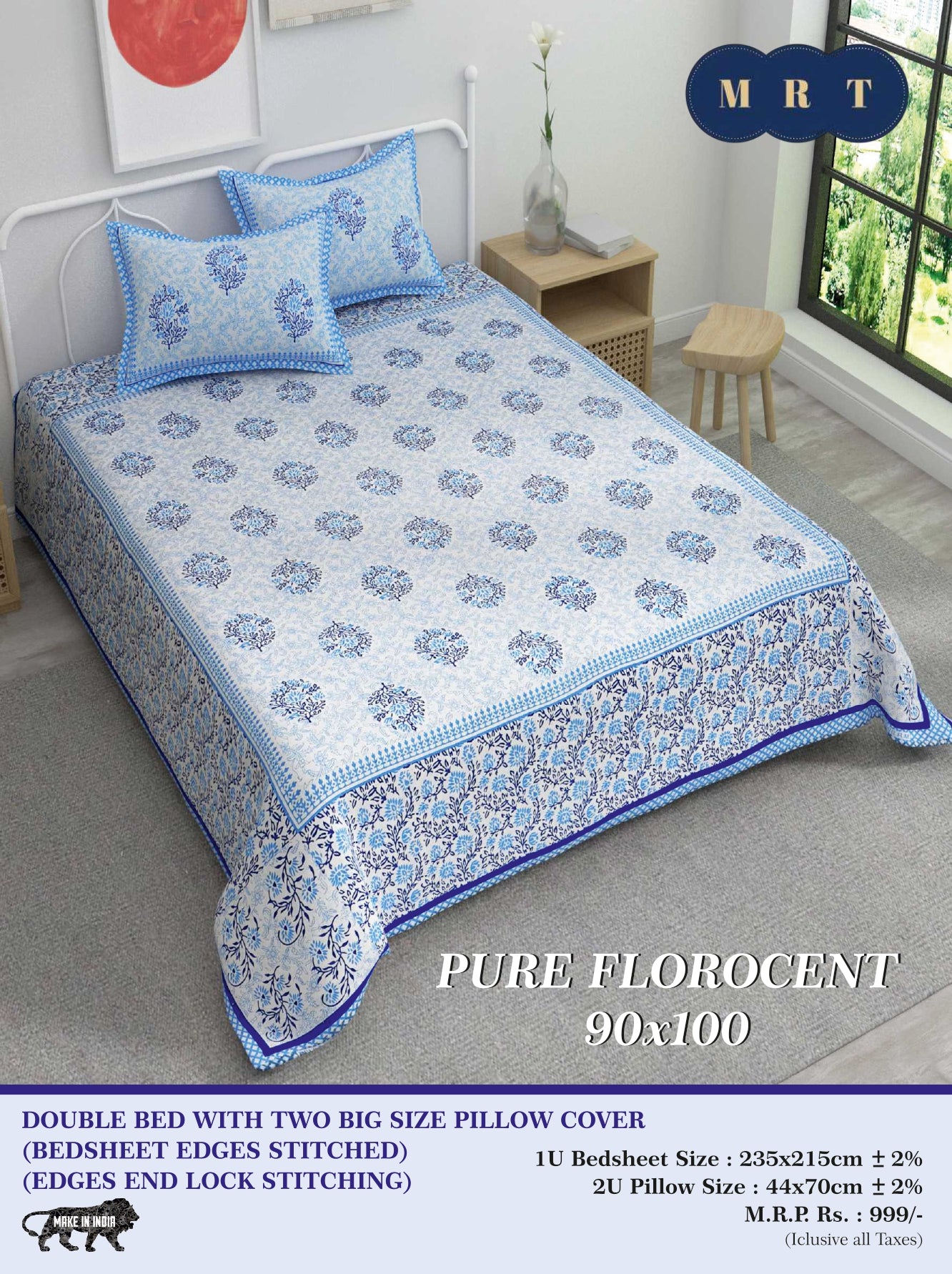 Pure florocent Queen size Double Bed Bedsheet with 2 Pillow Covers