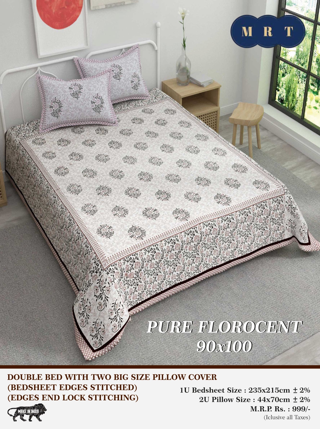 Pure florocent Queen size Double Bed Bedsheet with 2 Pillow Covers
