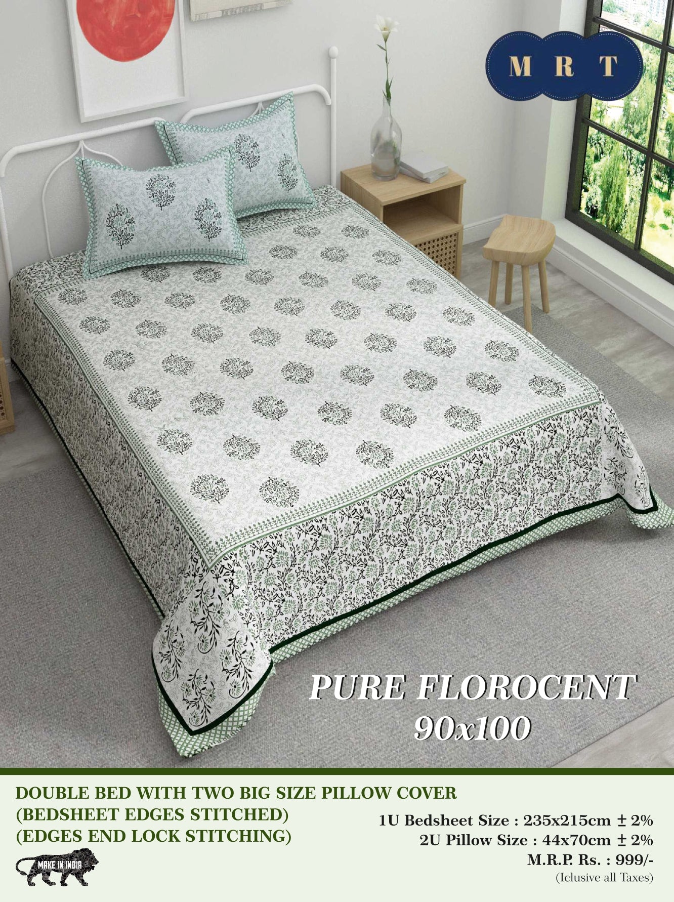 Pure florocent Queen size Double Bed Bedsheet with 2 Pillow Covers