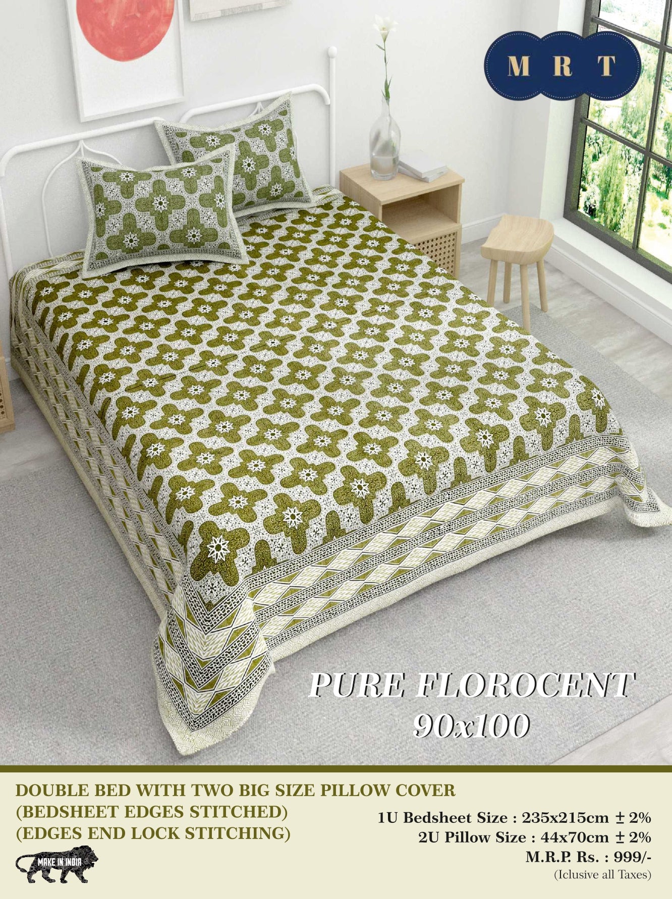Pure florocent Queen size Double Bed Bedsheet with 2 Pillow Covers