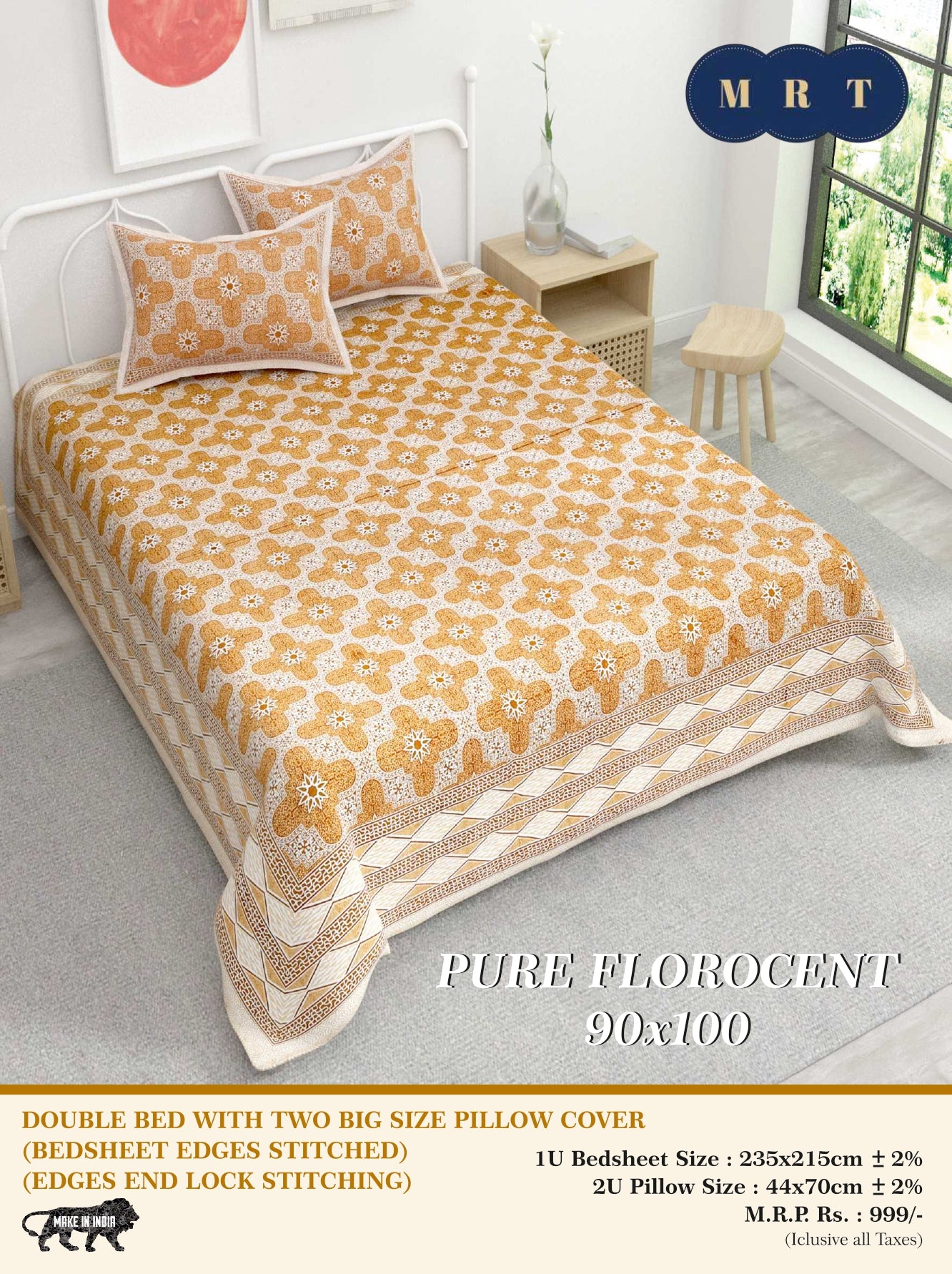 Pure florocent Queen size Double Bed Bedsheet with 2 Pillow Covers