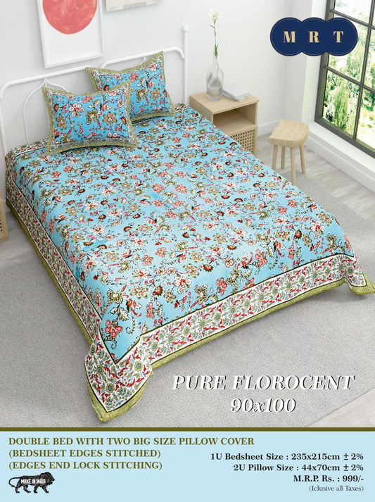 Pure florocent Queen size Double Bed Bedsheet with 2 Pillow Covers