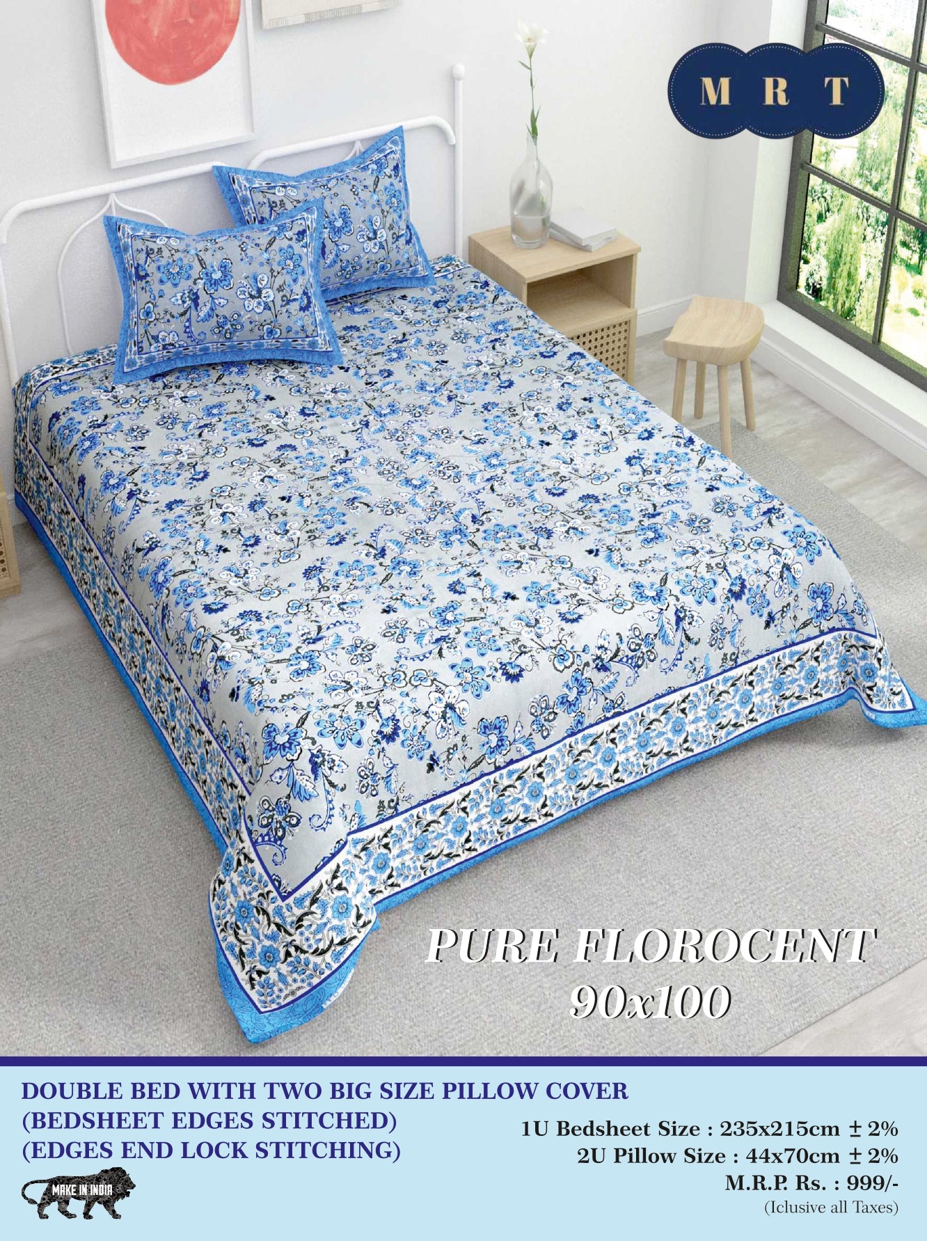 Pure florocent Queen size Double Bed Bedsheet with 2 Pillow Covers
