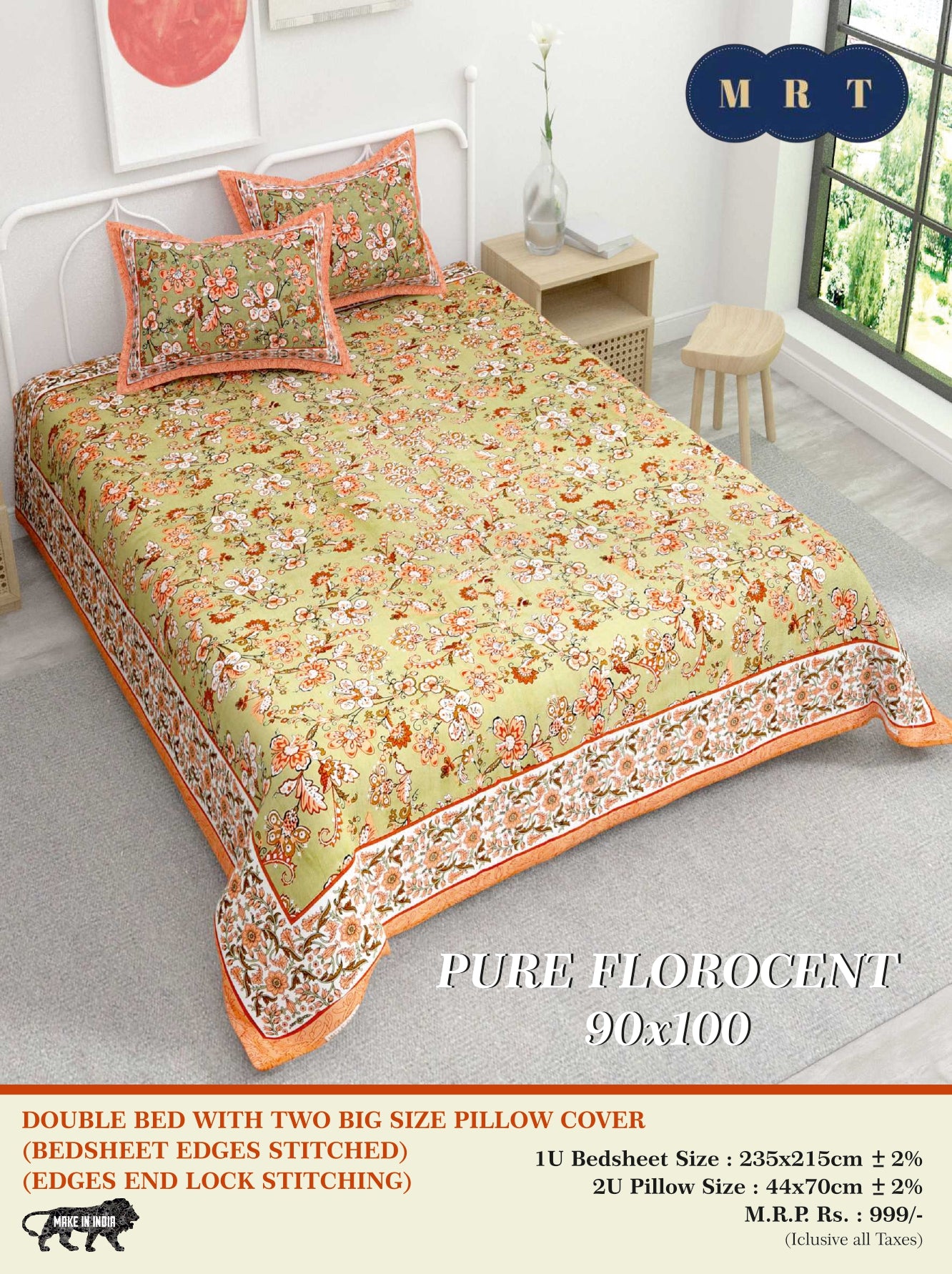 Pure florocent Queen size Double Bed Bedsheet with 2 Pillow Covers