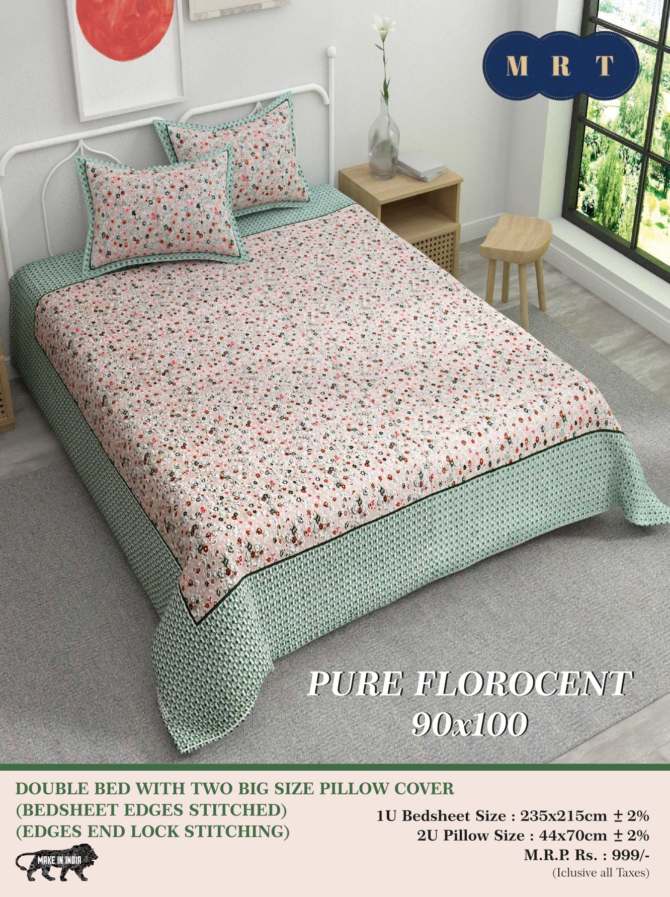 Pure florocent Queen size Double Bed Bedsheet with 2 Pillow Covers