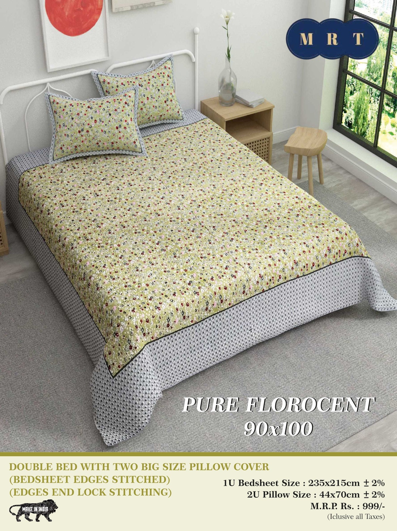 Pure florocent Queen size Double Bed Bedsheet with 2 Pillow Covers
