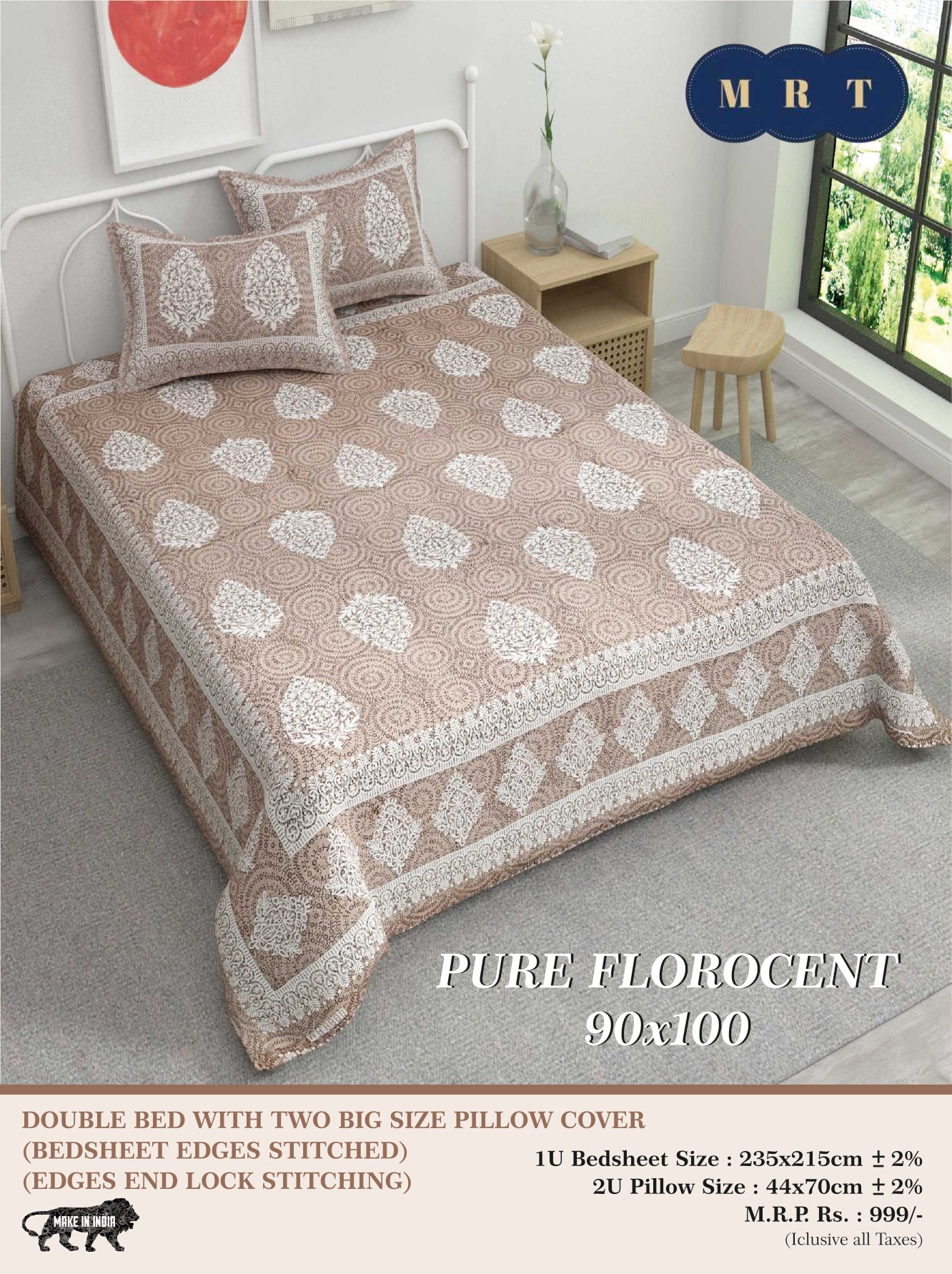 Pure florocent Queen size Double Bed Bedsheet with 2 Pillow Covers