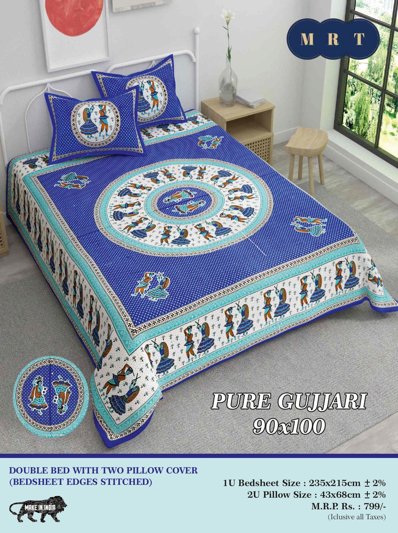 Pure Gujjari Double queen size Bedsheet with 2 Pillow Covers