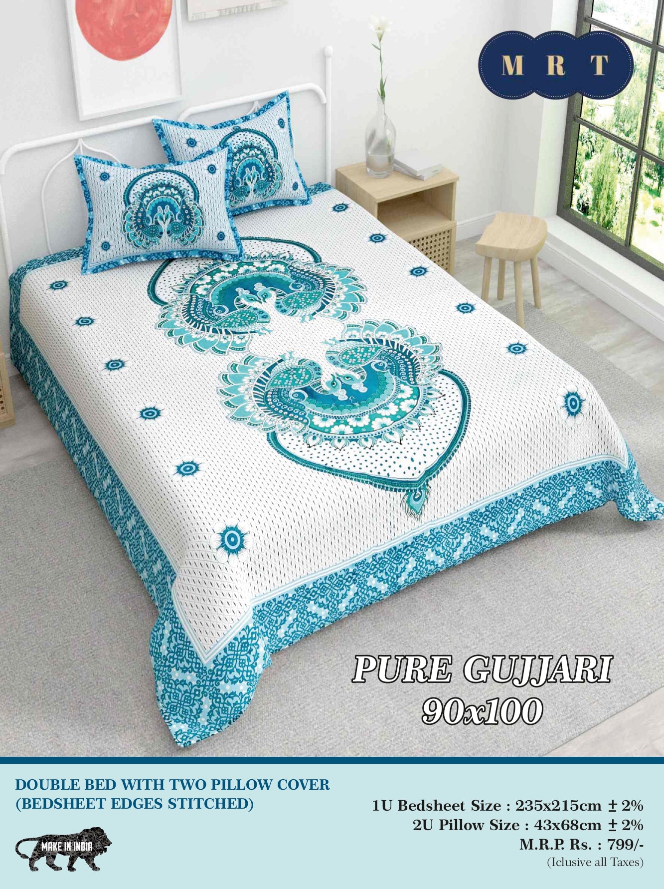Pure Gujjari Double queen size Bedsheet with 2 Pillow Covers