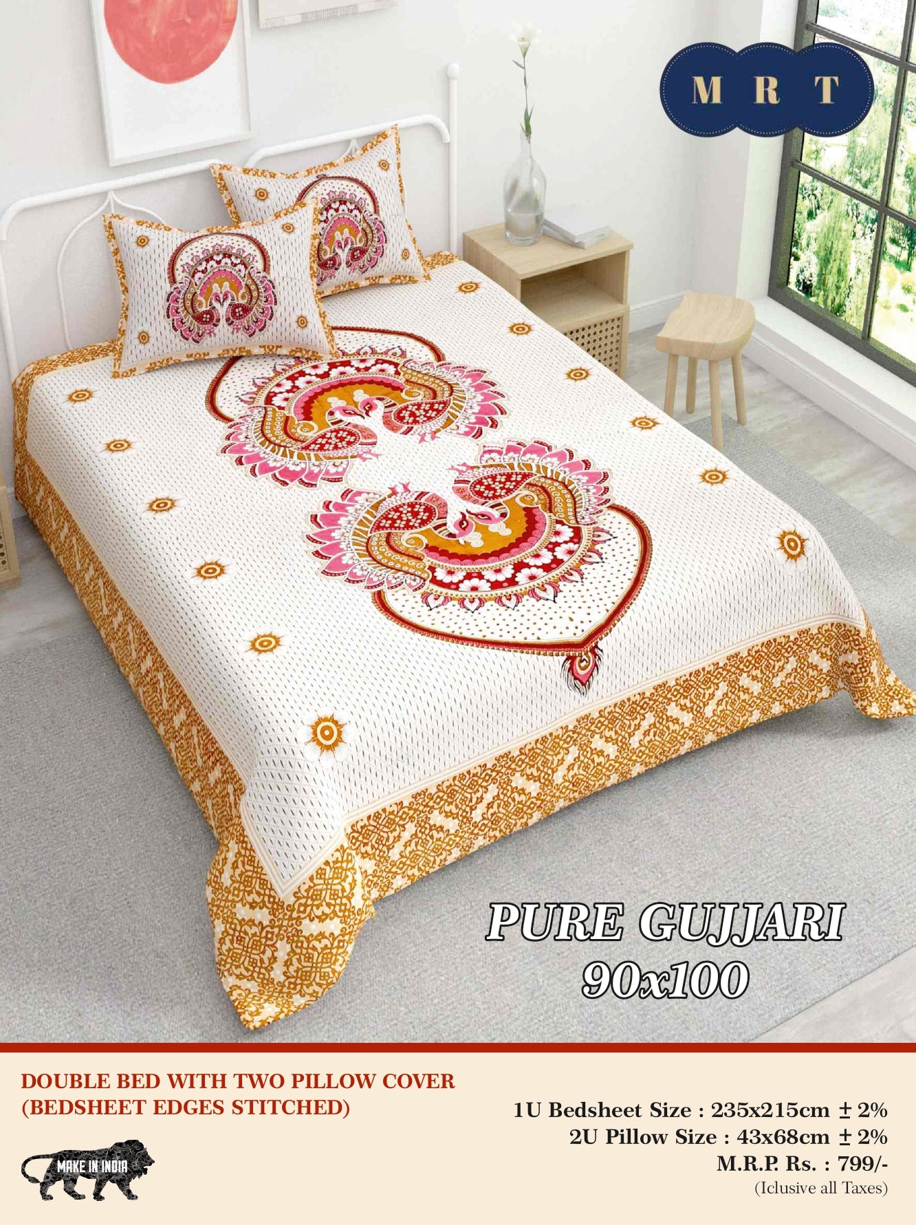 Pure Gujjari Double queen size Bedsheet with 2 Pillow Covers
