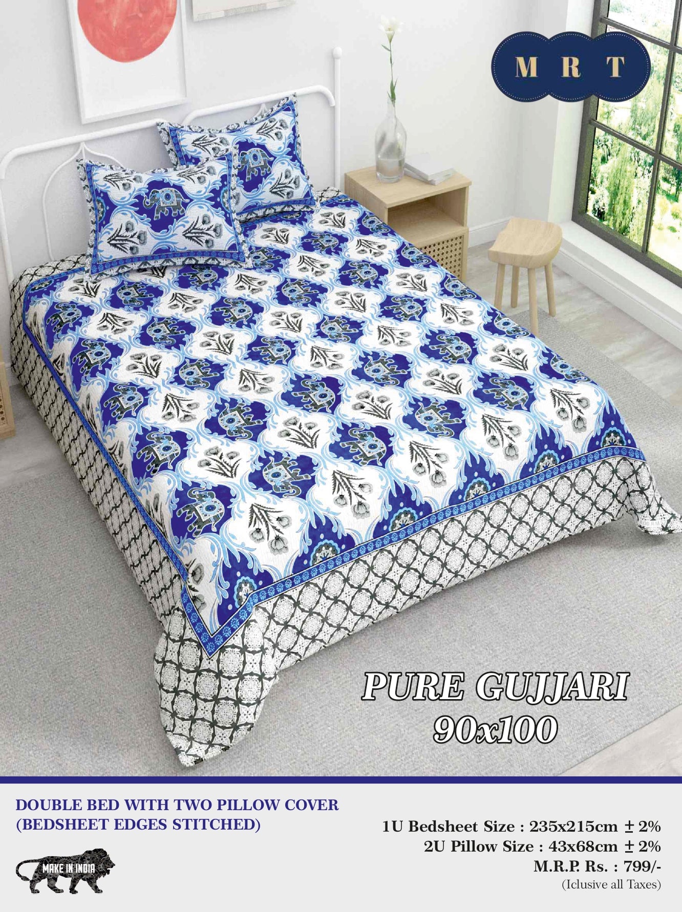 Pure Gujjari Double queen size Bedsheet with 2 Pillow Covers