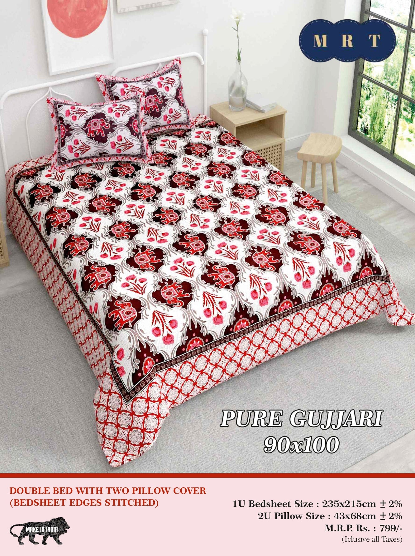 Pure Gujjari Double queen size Bedsheet with 2 Pillow Covers
