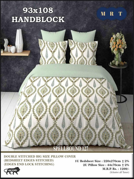 Handblock Cotton Double Bedsheet with 2 Pillow Covers  (93x108 Inches)