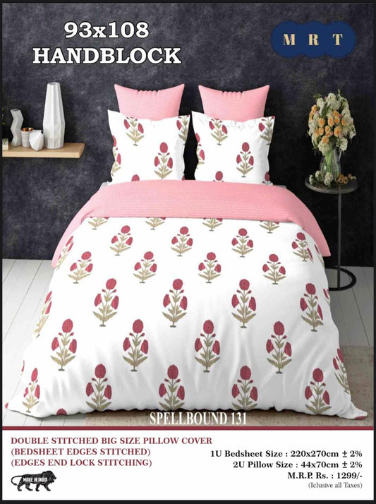 Handblock Cotton Double Bedsheet with 2 Pillow Covers  (93x108 Inches)