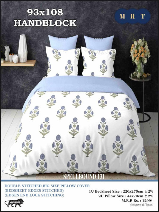 Handblock Cotton Double Bedsheet with 2 Pillow Covers  (93x108 Inches)